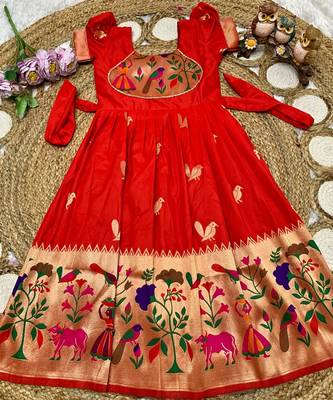 red paithani silk kids gown with bird zari work 2