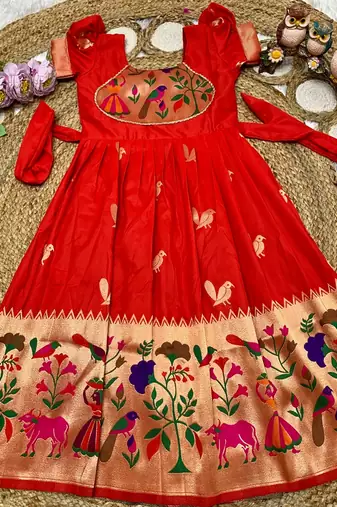 red paithani silk kids gown with bird zari work