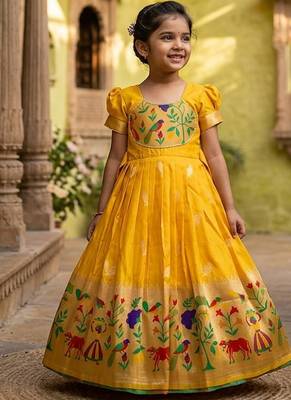 yellow paithani silk kids gown with zari woven work 1