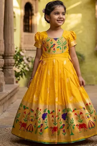 Soft paithani silk zari weaving birds pattern kids gown
