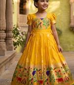 Soft paithani silk zari weaving birds pattern kids gown