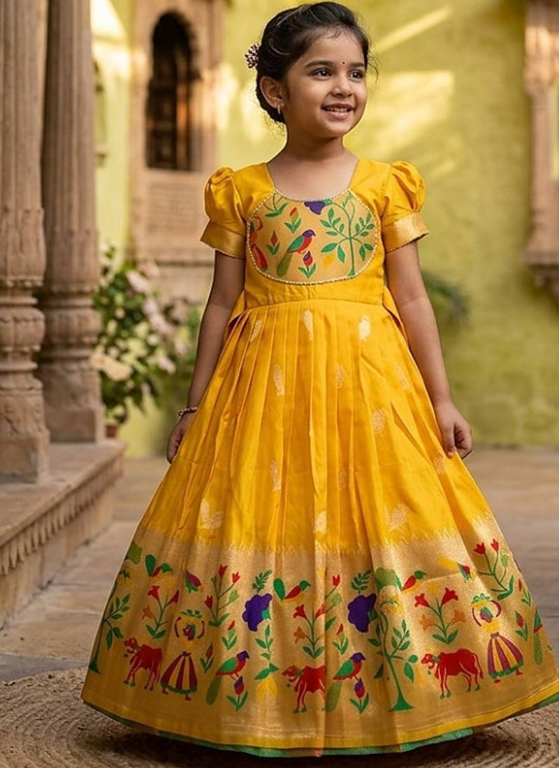 Soft paithani silk zari weaving birds pattern kids gown