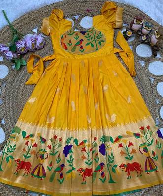 yellow paithani silk kids gown with zari woven work 2