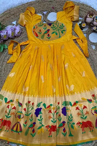 yellow paithani silk kids gown with zari woven work