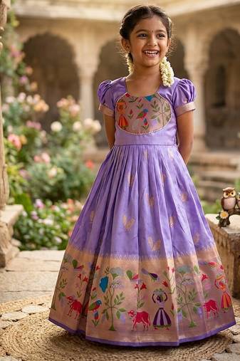 Soft paithani silk zari weaving birds pattern kids gown