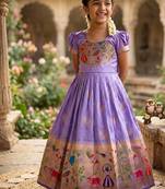 Soft paithani silk zari weaving birds pattern kids gown