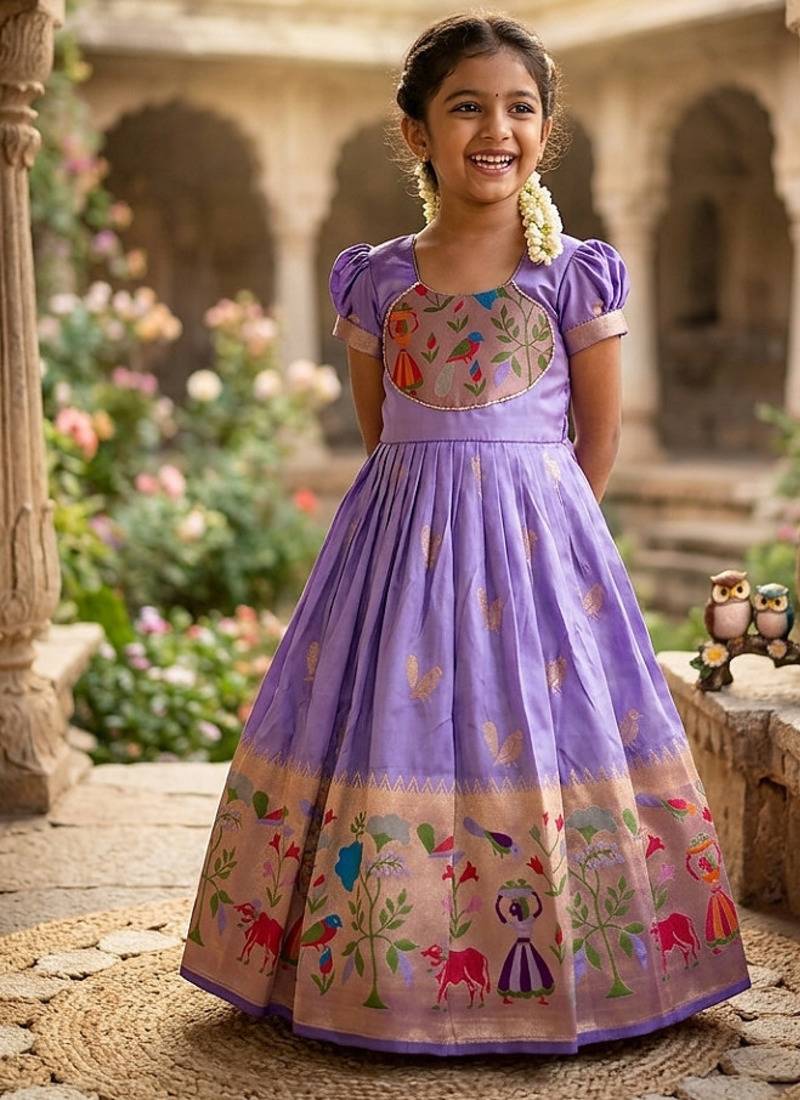 Soft paithani silk zari weaving birds pattern kids gown