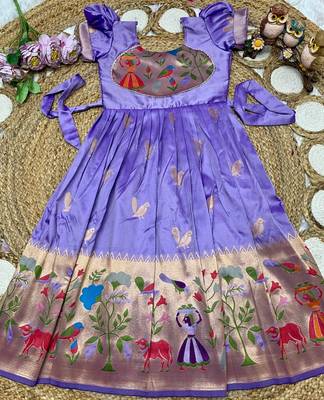 purple paithani silk gown with zari woven work for kids 2