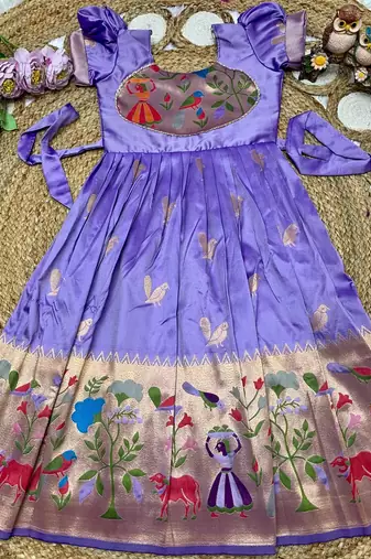 purple paithani silk gown with zari woven work for kids