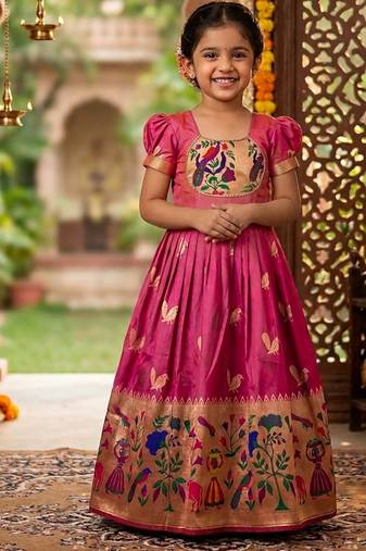 Soft paithani silk zari weaving birds pattern kids gown