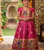 Soft paithani silk zari weaving birds pattern kids gown