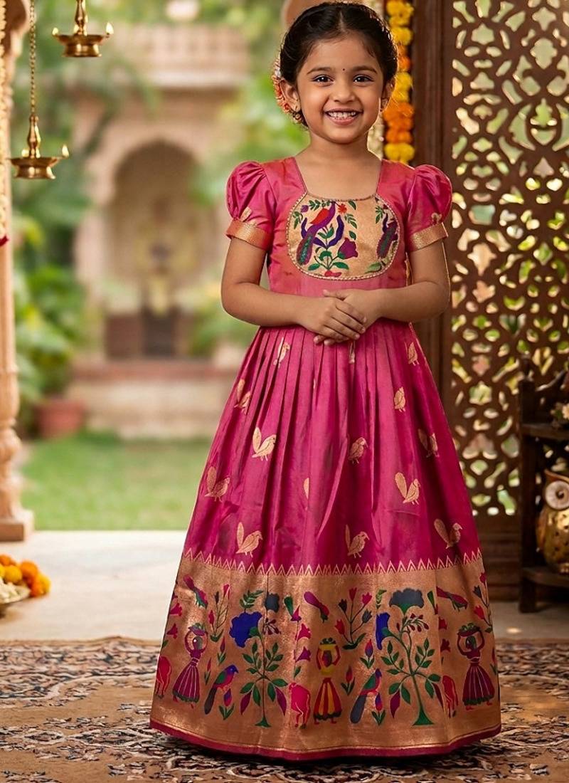 Soft paithani silk zari weaving birds pattern kids gown