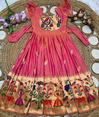pink paithani silk kids gown with zari woven work 2