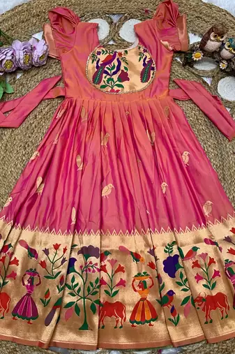 pink paithani silk kids gown with zari woven work