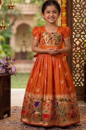 Soft paithani silk zari weaving birds pattern kids gown