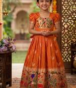 Soft paithani silk zari weaving birds pattern kids gown