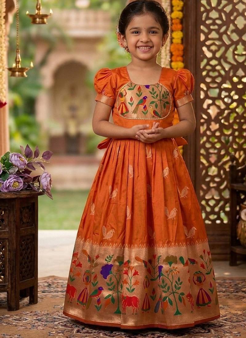 Soft paithani silk zari weaving birds pattern kids gown