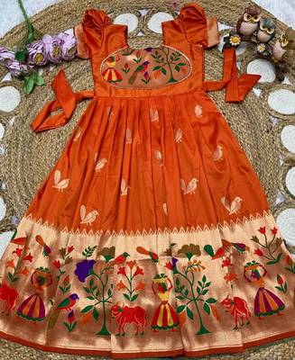 orange paithani silk kids gown with zari woven work 2