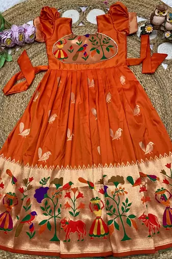 orange paithani silk kids gown with zari woven work