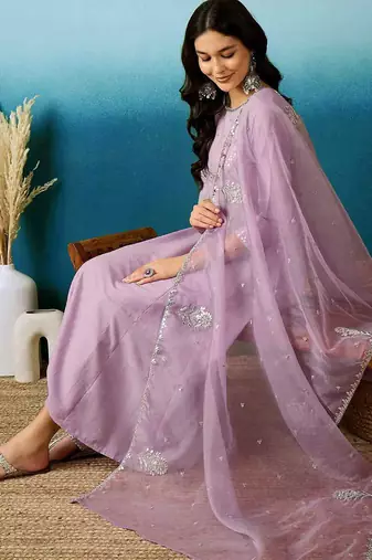 Eeloo Embroidered Kurta, Trouser/Pant & Dupatta Set