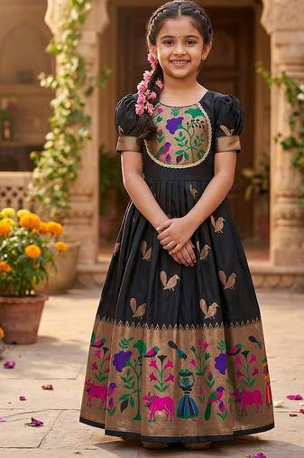 Soft paithani silk zari weaving birds pattern kids gown