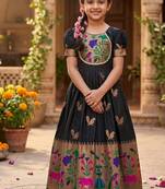 Soft paithani silk zari weaving birds pattern kids gown
