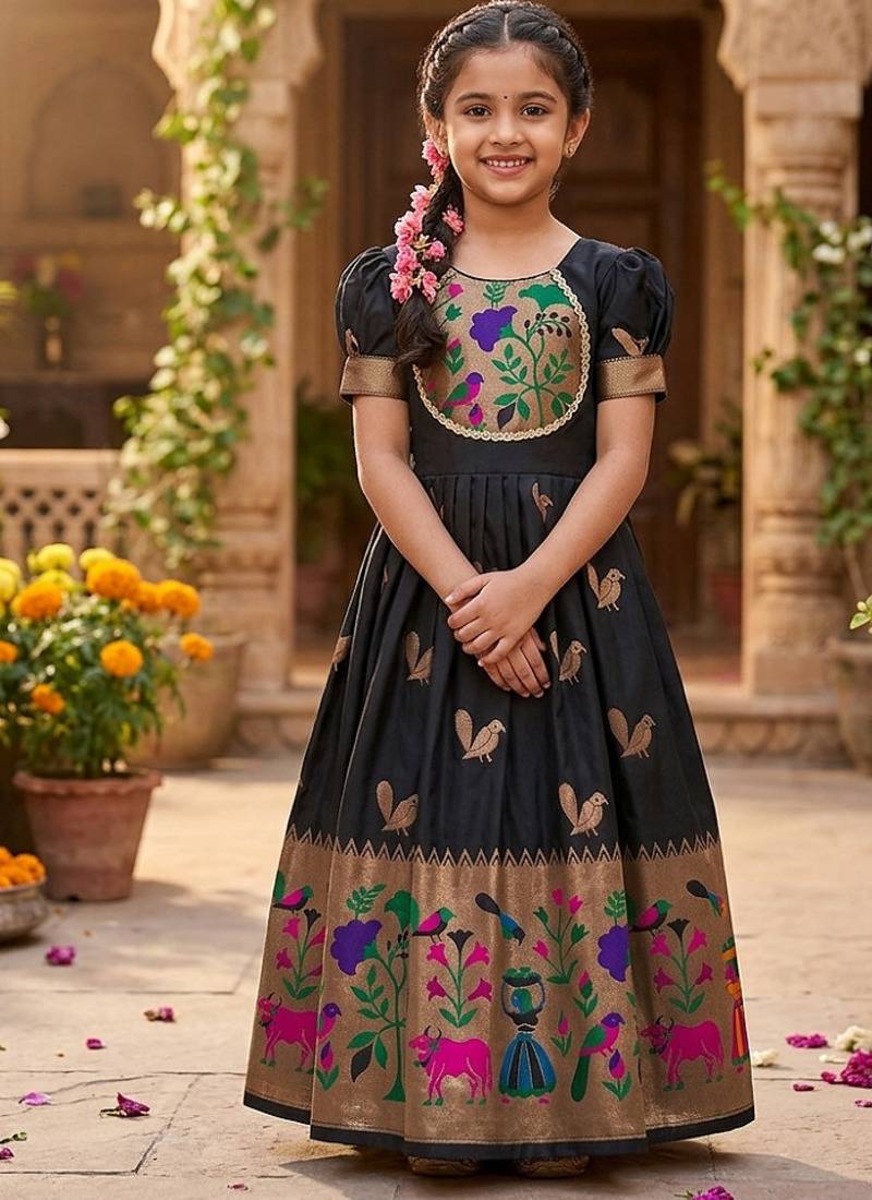 Soft paithani silk zari weaving birds pattern kids gown