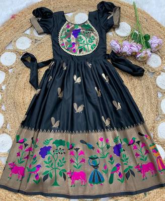 black paithani silk kids gown with bird zari work 2