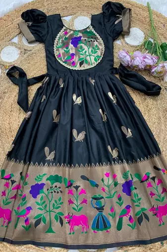 black paithani silk kids gown with bird zari work