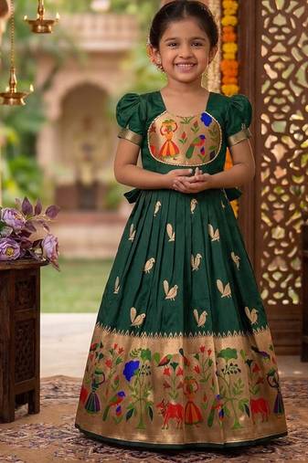 Soft paithani silk zari weaving birds pattern kids gown
