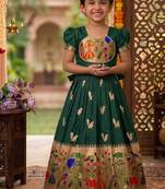 Soft paithani silk zari weaving birds pattern kids gown
