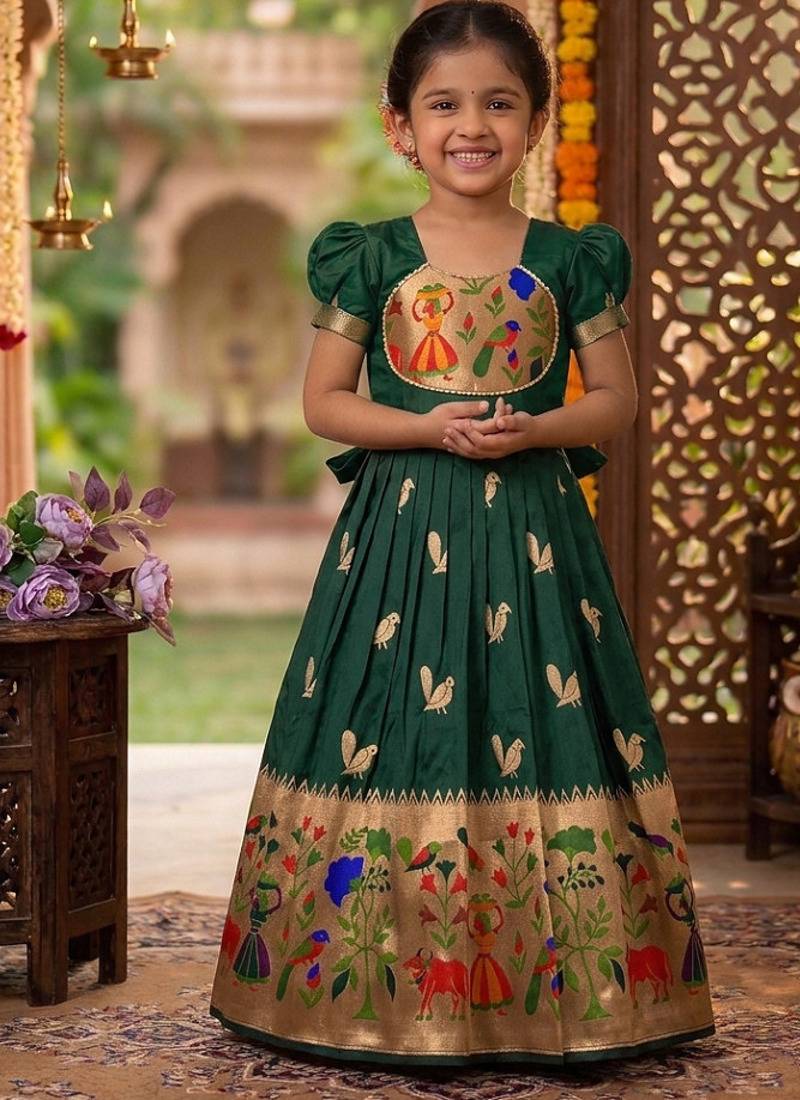 Soft paithani silk zari weaving birds pattern kids gown