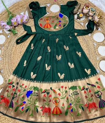 green paithani silk kids gown with zari woven work 2