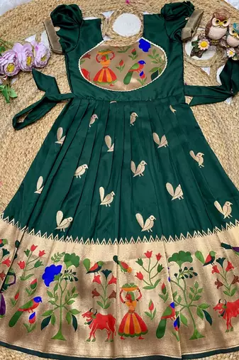 green paithani silk kids gown with zari woven work