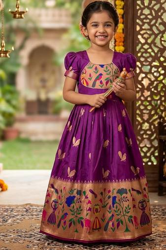 Soft paithani silk zari weaving birds pattern kids gown