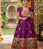 Soft paithani silk zari weaving birds pattern kids gown