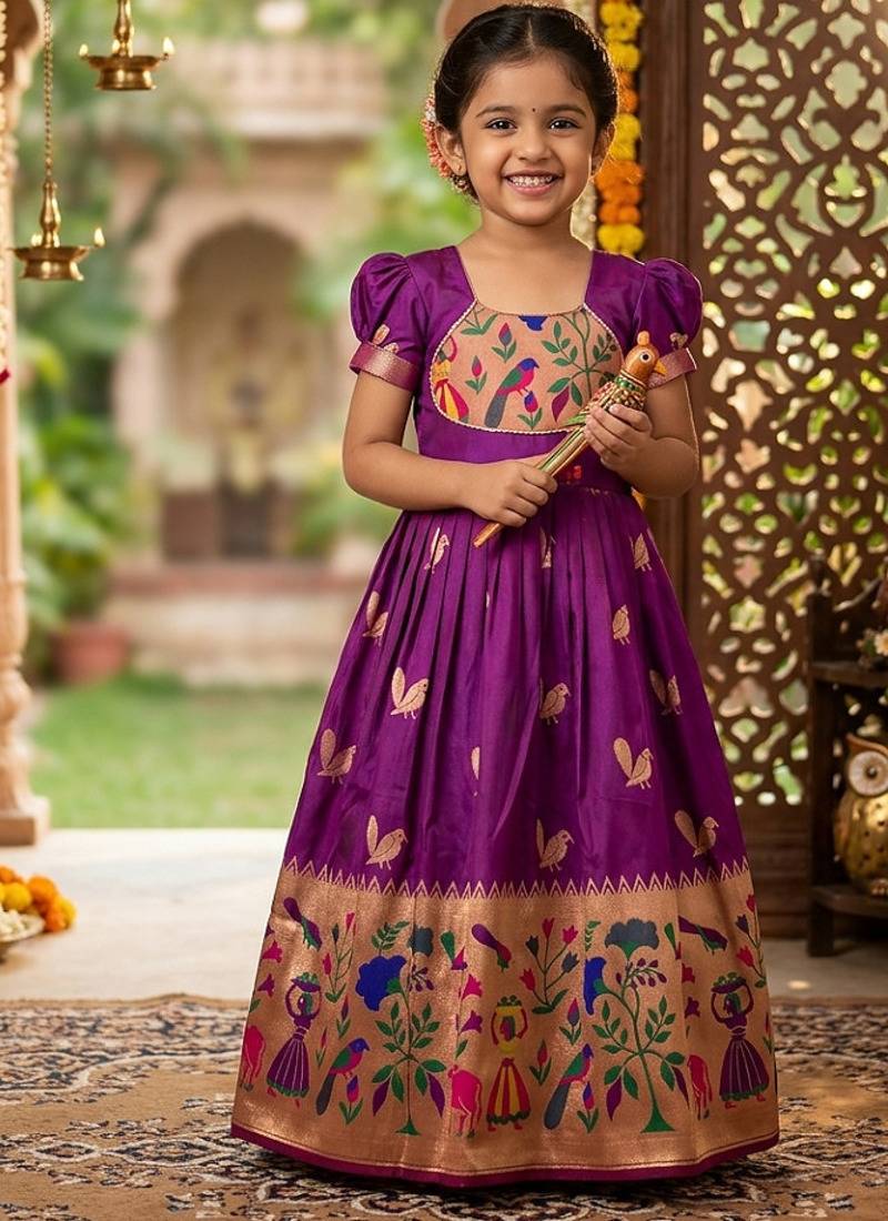 Soft paithani silk zari weaving birds pattern kids gown