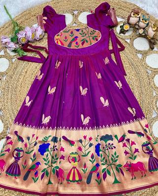 purple paithani silk kids gown with zari woven work 2