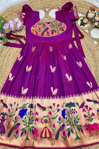 purple paithani silk kids gown with zari woven work