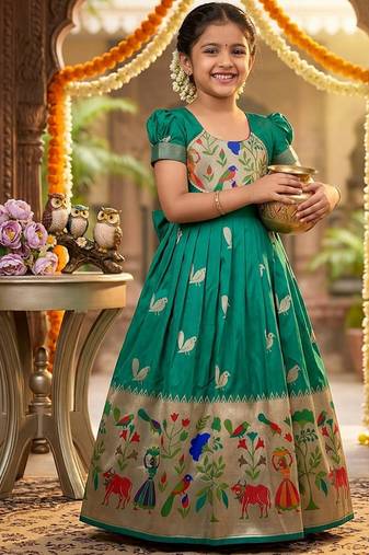 Soft paithani silk zari weaving birds pattern kids gown
