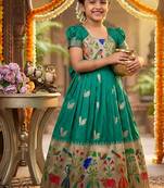 Soft paithani silk zari weaving birds pattern kids gown