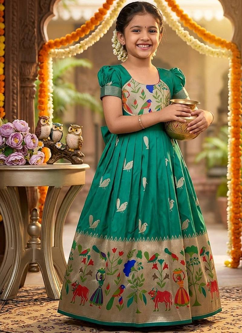 Soft paithani silk zari weaving birds pattern kids gown