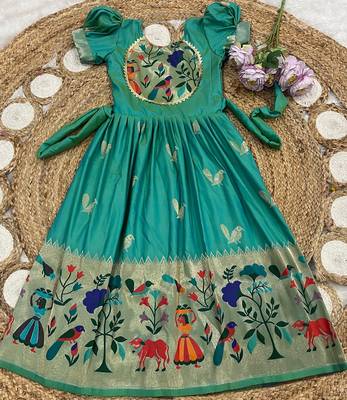 green paithani silk kids gown with bird zari work 2