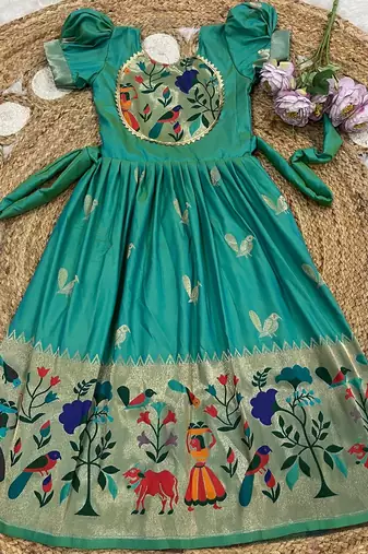 green paithani silk kids gown with bird zari work