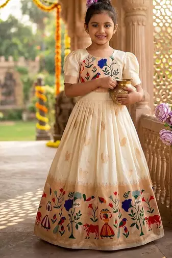 Soft paithani silk zari weaving birds pattern kids gown