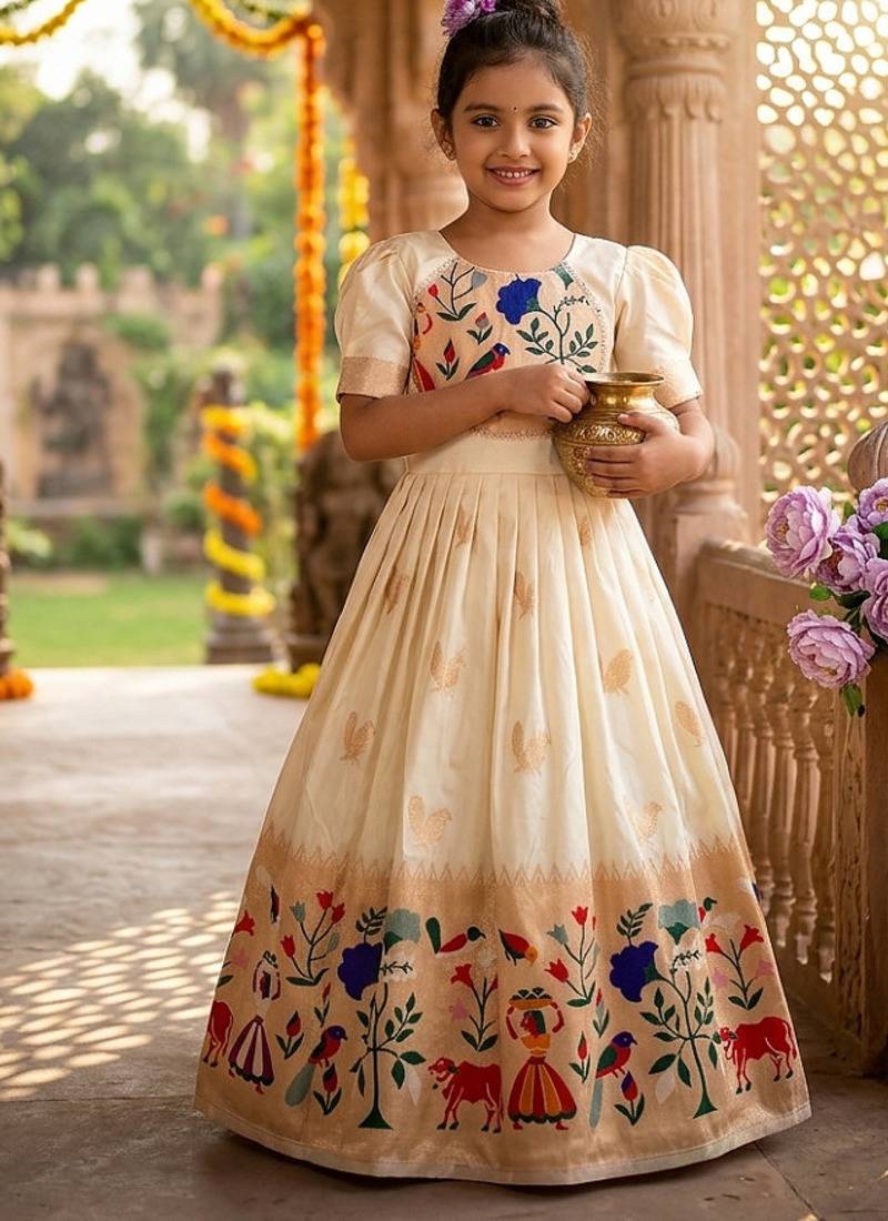 Soft paithani silk zari weaving birds pattern kids gown