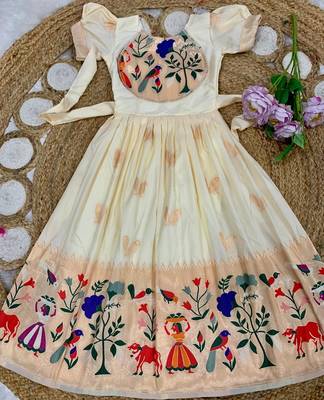 white paithani silk kids gown with zari woven work 2