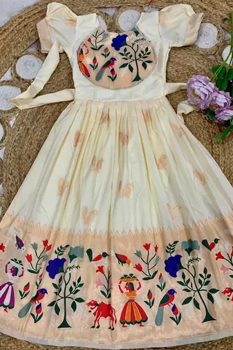 white paithani silk kids gown with zari woven work