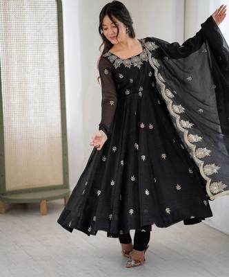 Black Roman Silk Embroidered Sequence Anarkali Set with Dupatta set  1