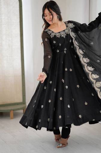 Black Roman Silk Embroidered Sequence Anarkali Set with Dupatta set 